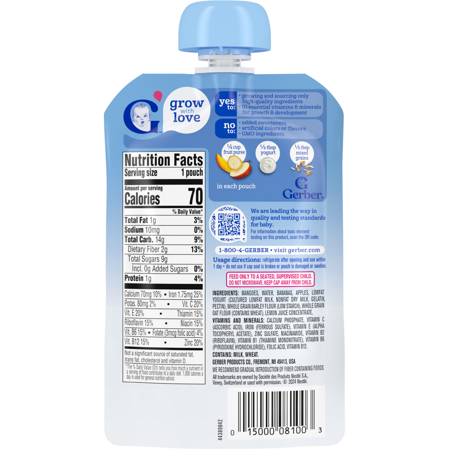 slide 2 of 8, GERBER Infant Puree Toddler Fruit Yogurt Grain Mango Banana Apple 3.5oz Pouch, 3.5 oz