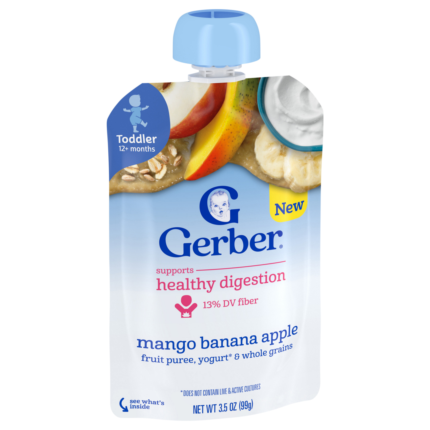 slide 6 of 8, GERBER Infant Puree Toddler Fruit Yogurt Grain Mango Banana Apple 3.5oz Pouch, 3.5 oz