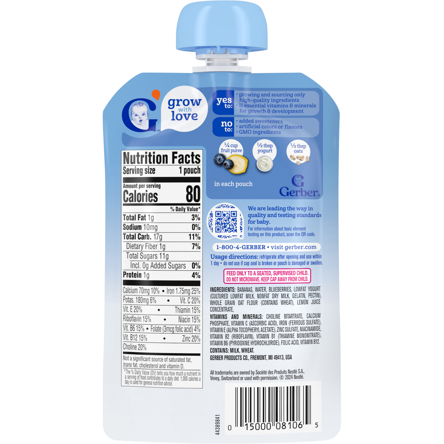 slide 2 of 8, GERBER Infant Puree Toddler Fruit Yogurt Grain Banana Blueberry 3.5oz Pouch, 3.5 oz