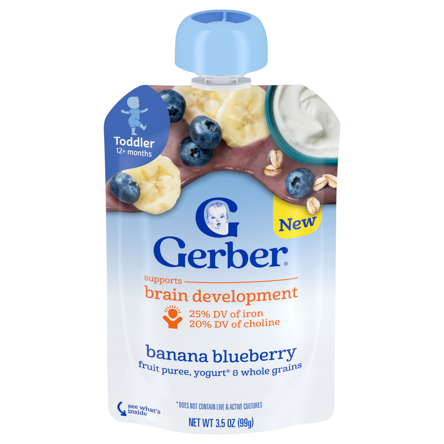 slide 1 of 8, GERBER Infant Puree Toddler Fruit Yogurt Grain Banana Blueberry 3.5oz Pouch, 3.5 oz