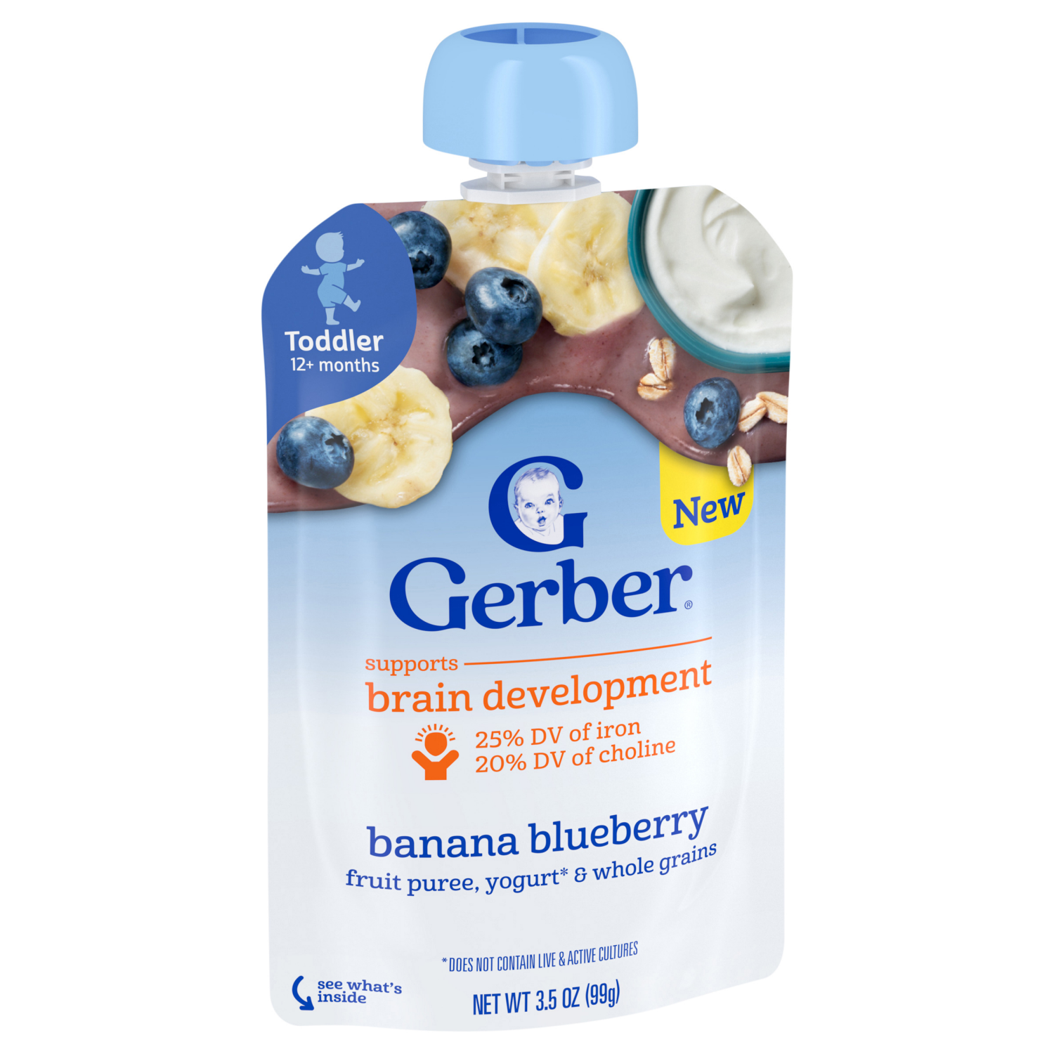 slide 6 of 8, GERBER Infant Puree Toddler Fruit Yogurt Grain Banana Blueberry 3.5oz Pouch, 3.5 oz
