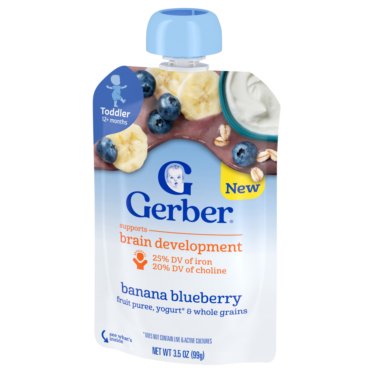 slide 7 of 8, GERBER Infant Puree Toddler Fruit Yogurt Grain Banana Blueberry 3.5oz Pouch, 3.5 oz