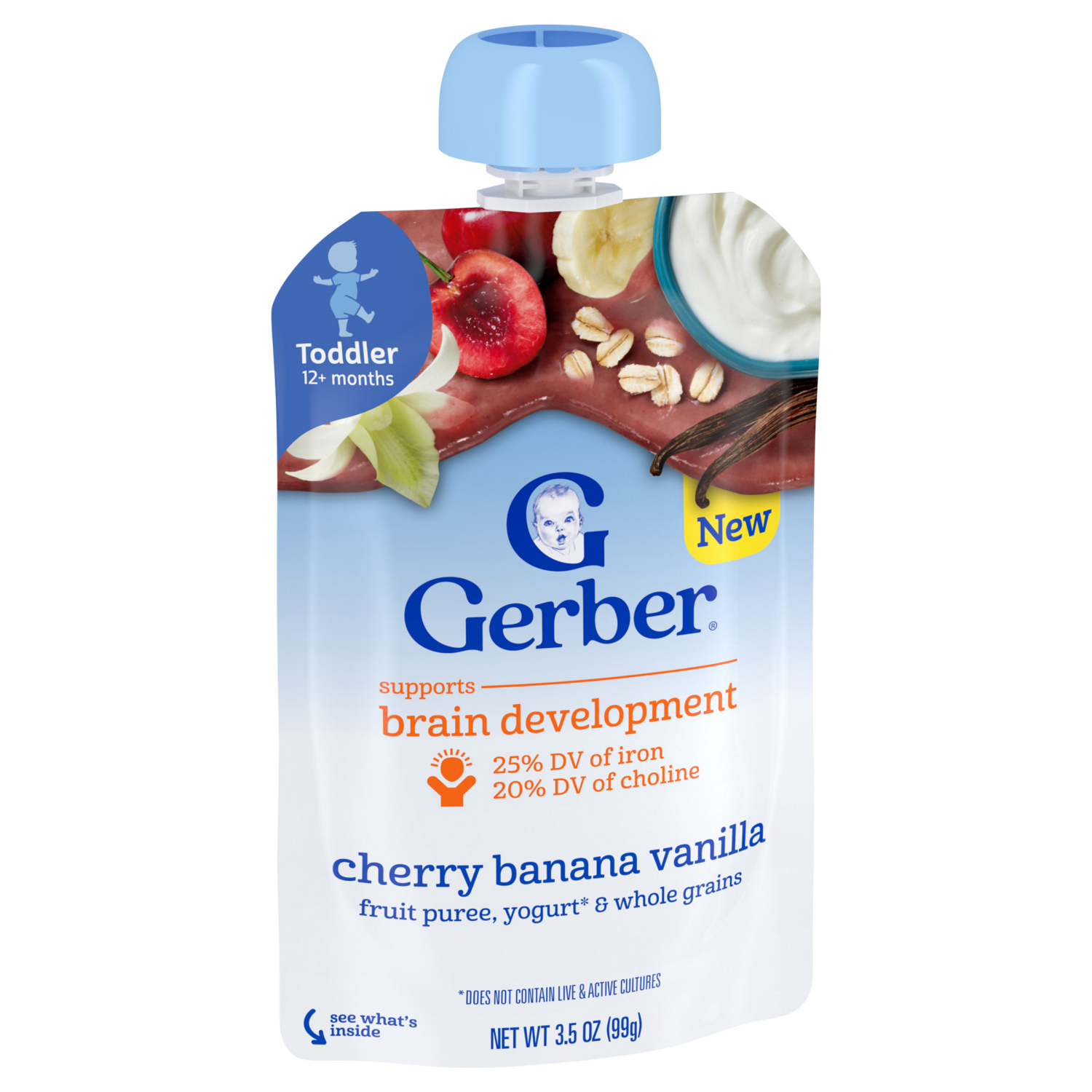 slide 6 of 8, GERBER Fruit Grain Yogurt Puree Toddler Cherry Banana Vanilla 3.5oz Pouch, 3.5 oz