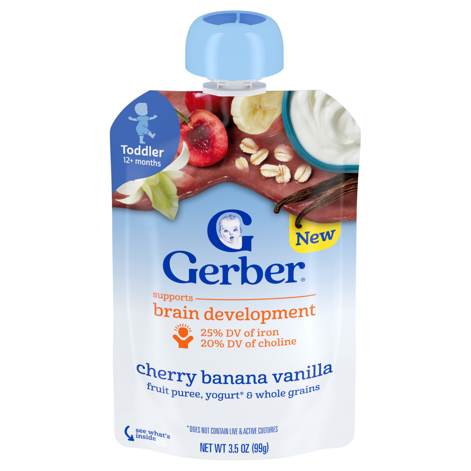 slide 1 of 8, GERBER Fruit Grain Yogurt Puree Toddler Cherry Banana Vanilla 3.5oz Pouch, 3.5 oz