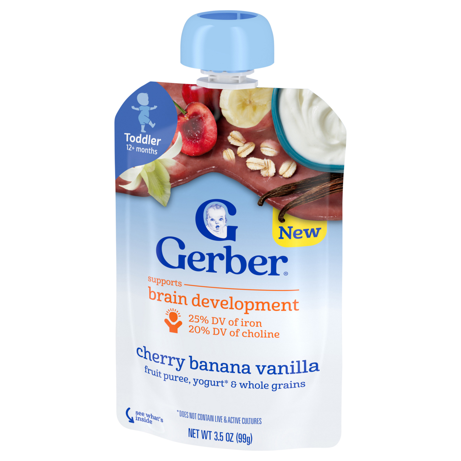 slide 7 of 8, GERBER Fruit Grain Yogurt Puree Toddler Cherry Banana Vanilla 3.5oz Pouch, 3.5 oz