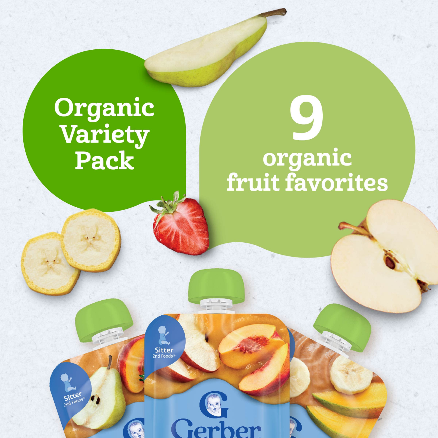 slide 4 of 8, Gerber Stage 2 Baby Food, Organic Fruit Favorites Puree Pouches, Variety Pack, 9PK, 9 ct