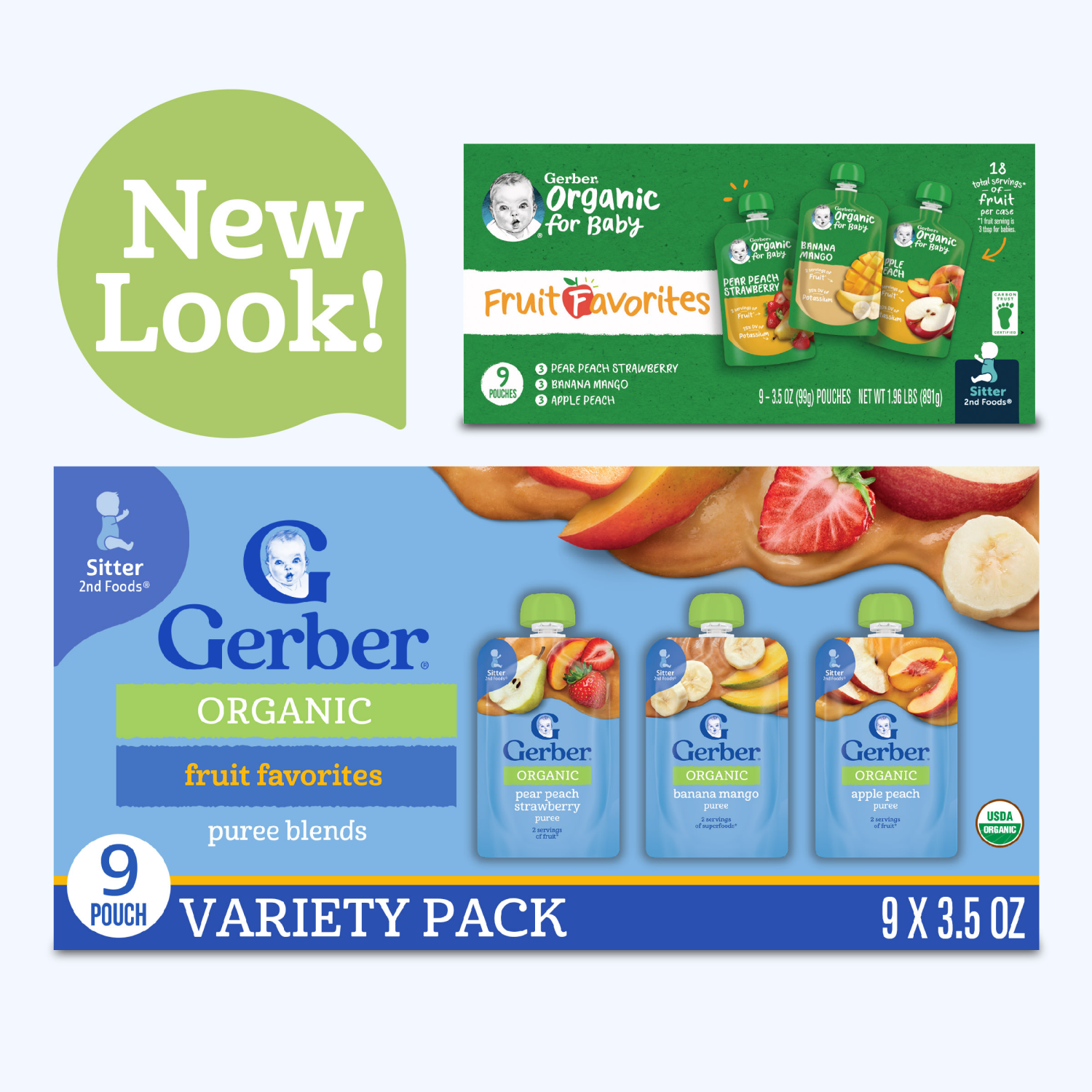slide 6 of 8, Gerber Stage 2 Baby Food, Organic Fruit Favorites Puree Pouches, Variety Pack, 9PK, 9 ct