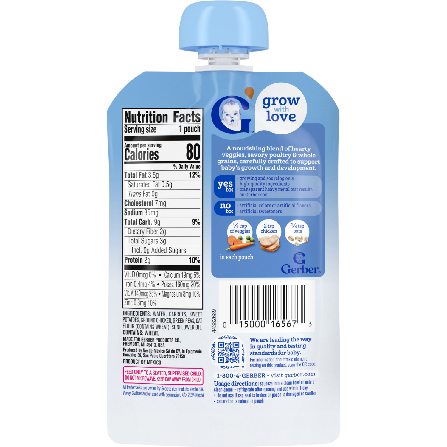 slide 2 of 8, GERBER Nourishing Blends Carrot Sweet Potato Chicken and Peas Veggie Puree Savory Poultry and Whole Grains 3.5 oz Pouch, 3.5 oz