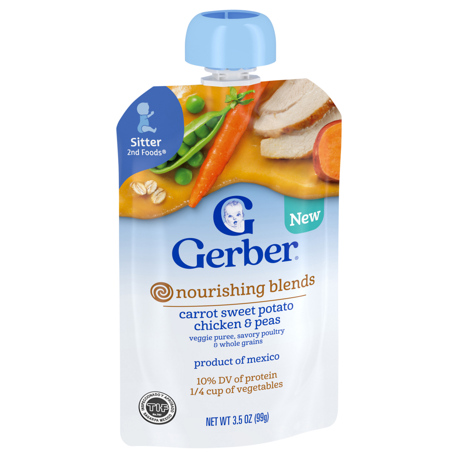 slide 6 of 8, GERBER Nourishing Blends Carrot Sweet Potato Chicken and Peas Veggie Puree Savory Poultry and Whole Grains 3.5 oz Pouch, 3.5 oz