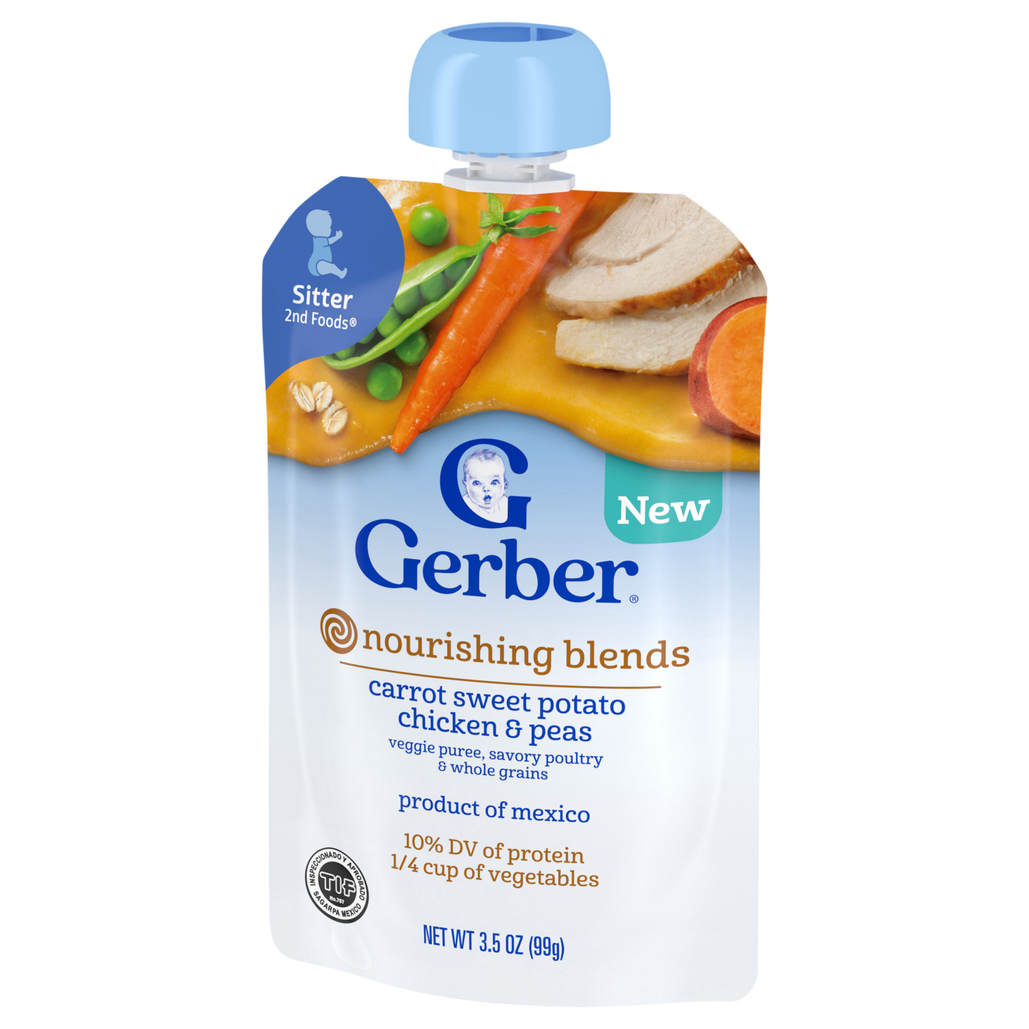 slide 7 of 8, GERBER Nourishing Blends Carrot Sweet Potato Chicken and Peas Veggie Puree Savory Poultry and Whole Grains 3.5 oz Pouch, 3.5 oz