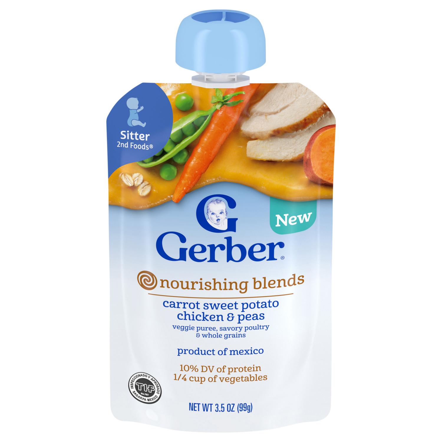 slide 1 of 8, GERBER Nourishing Blends Carrot Sweet Potato Chicken and Peas Veggie Puree Savory Poultry and Whole Grains 3.5 oz Pouch, 3.5 oz