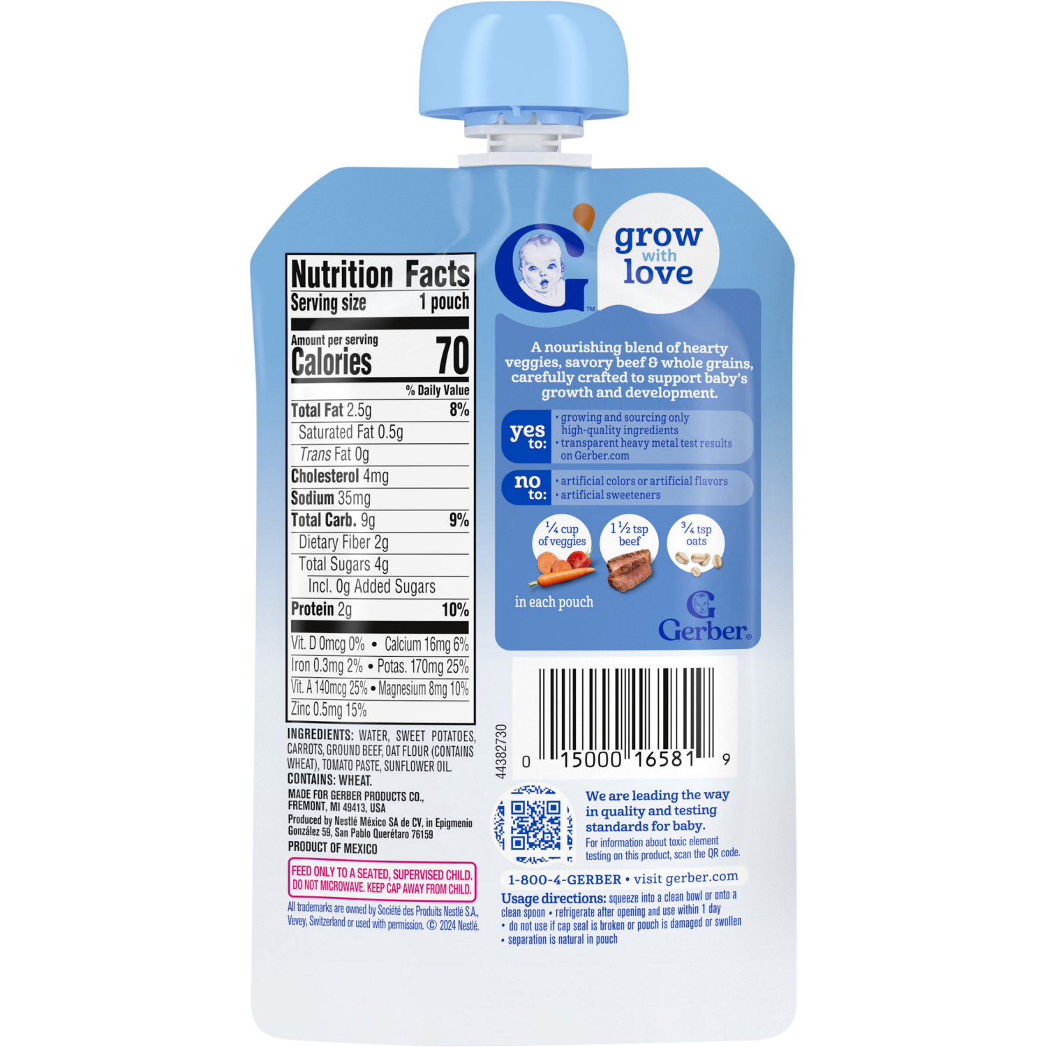 slide 2 of 8, GERBER Nourishing Blends Sweet Potato Carrot Beef and Tomato Veggie Puree, Savory Beef and Whole Grains 3.5 oz Pouch, 3.5 oz
