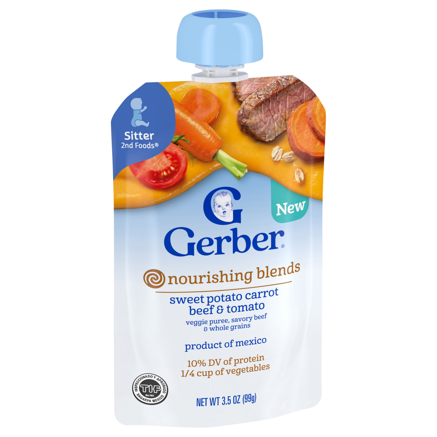slide 6 of 8, GERBER Nourishing Blends Sweet Potato Carrot Beef and Tomato Veggie Puree, Savory Beef and Whole Grains 3.5 oz Pouch, 3.5 oz