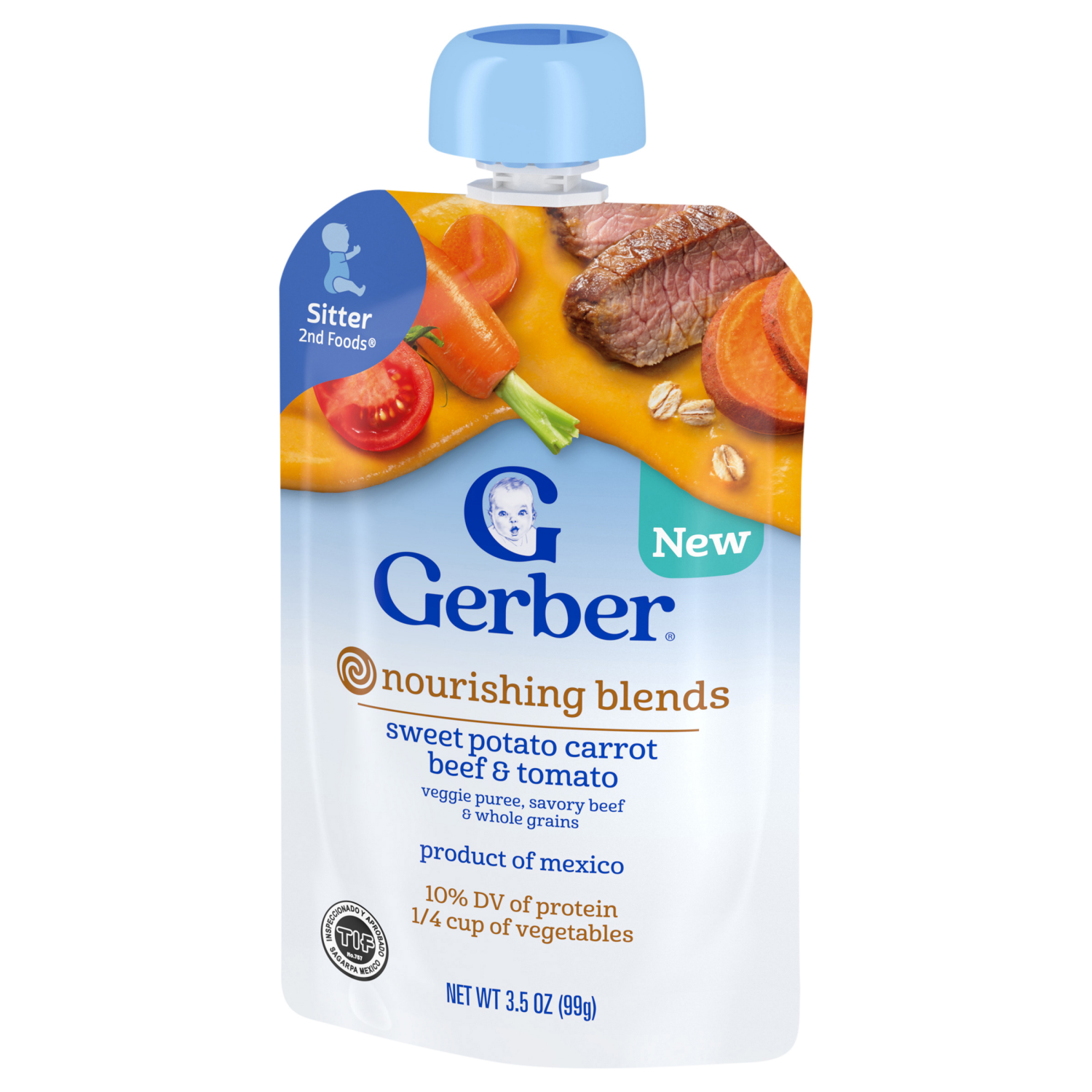 slide 7 of 8, GERBER Nourishing Blends Sweet Potato Carrot Beef and Tomato Veggie Puree, Savory Beef and Whole Grains 3.5 oz Pouch, 3.5 oz