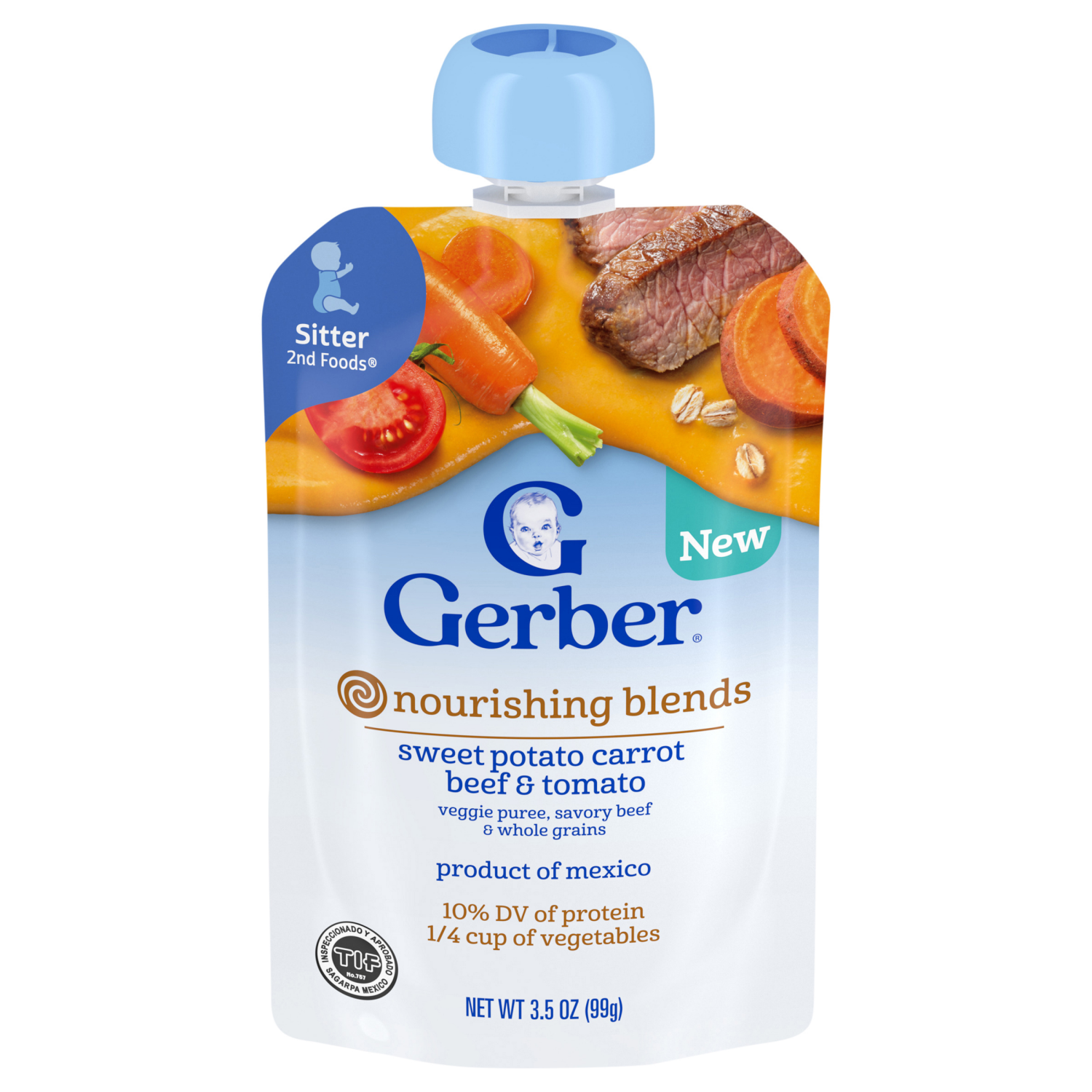slide 1 of 8, GERBER Nourishing Blends Sweet Potato Carrot Beef and Tomato Veggie Puree, Savory Beef and Whole Grains 3.5 oz Pouch, 3.5 oz
