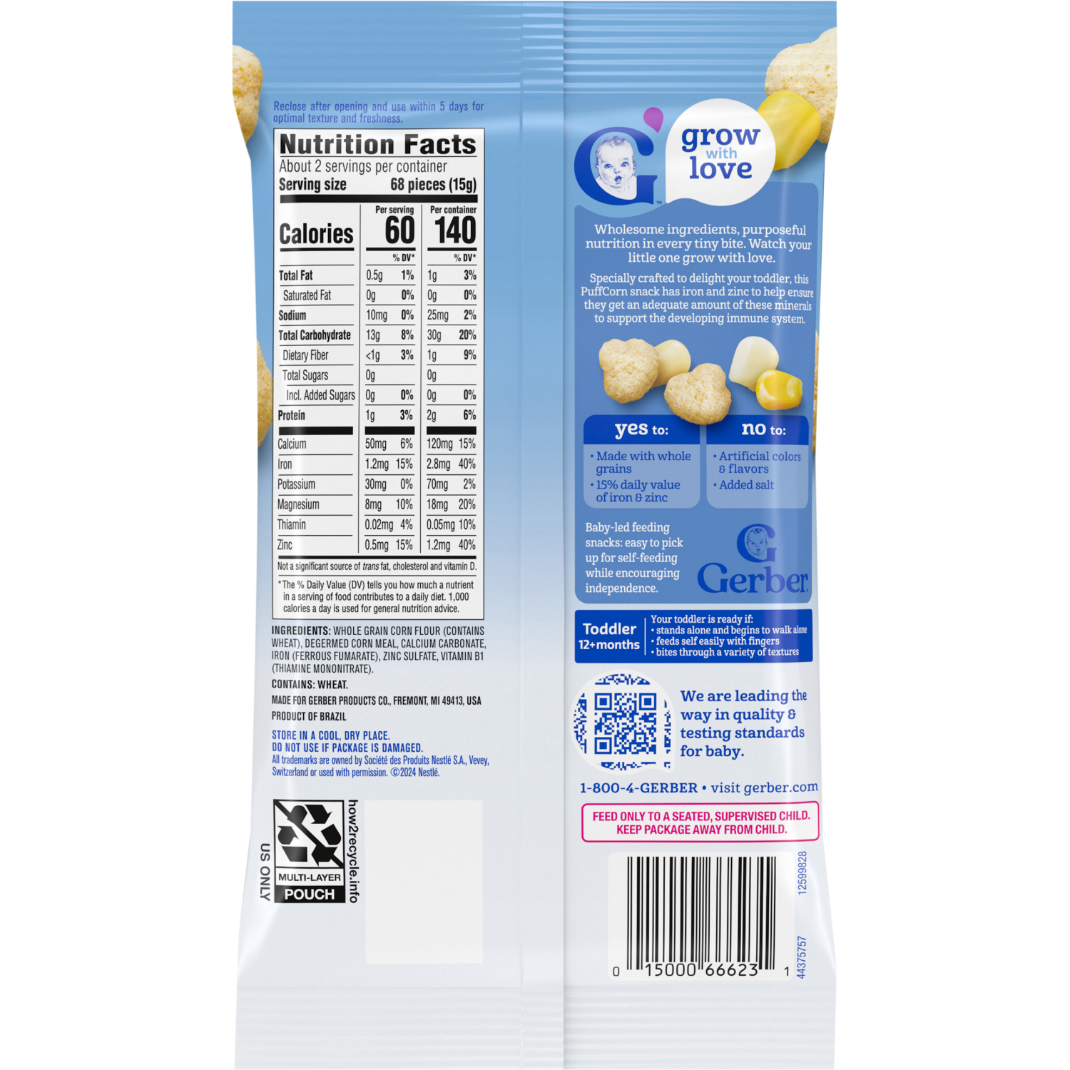 slide 2 of 8, GERBER Infant Age Up Puff Corn Snack Classic Corn 1.23oz Bag, 1.23 oz