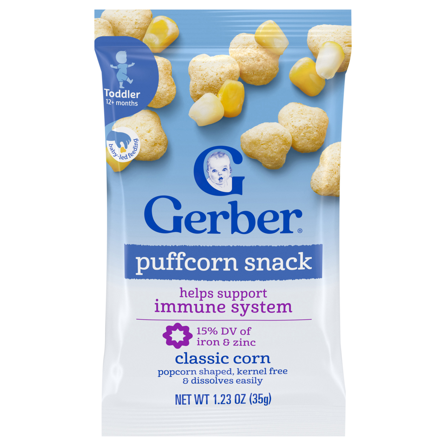 slide 1 of 8, GERBER Infant Age Up Puff Corn Snack Classic Corn 1.23oz Bag, 1.23 oz