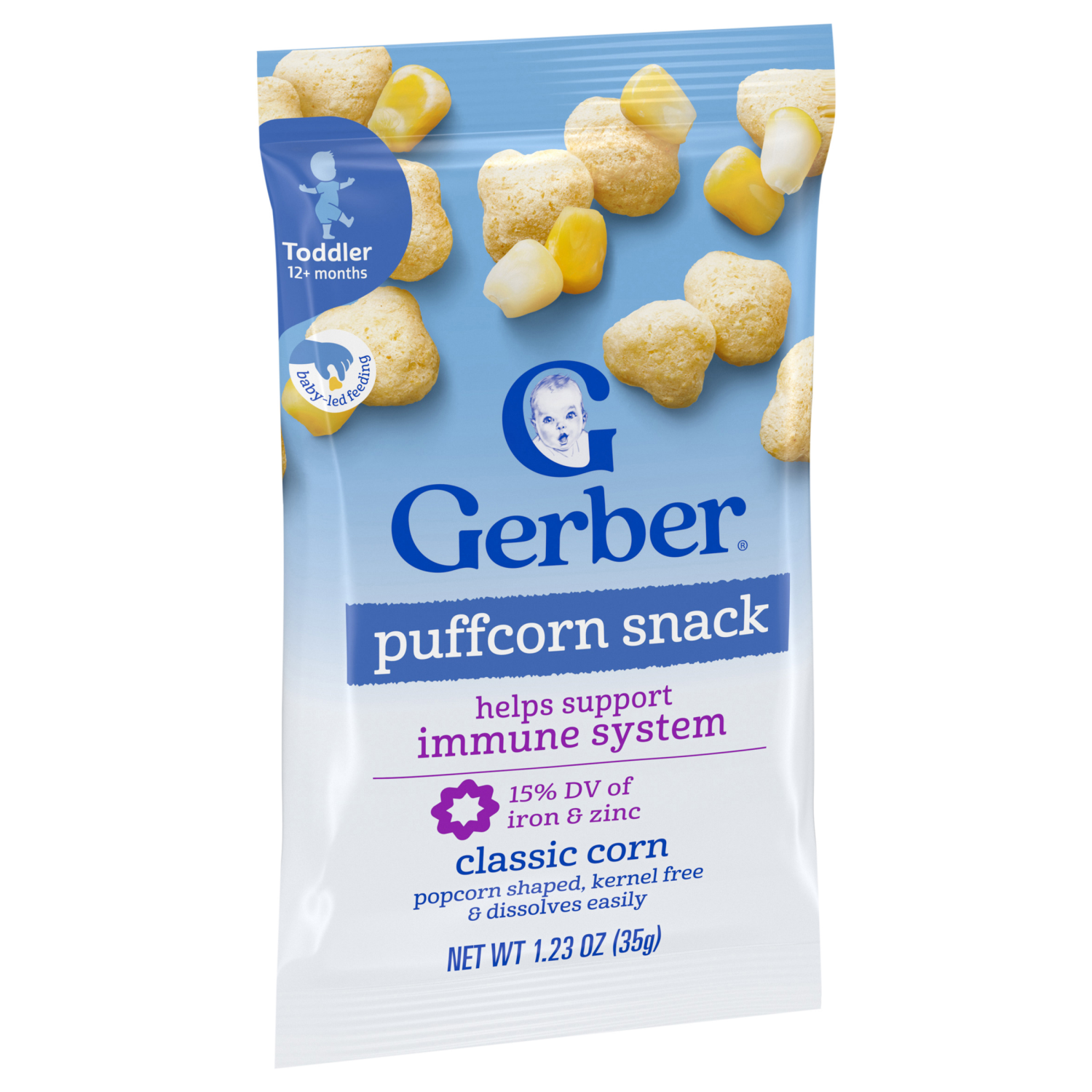slide 6 of 8, GERBER Infant Age Up Puff Corn Snack Classic Corn 1.23oz Bag, 1.23 oz