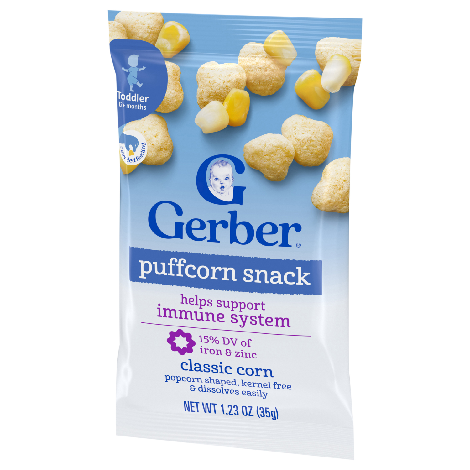 slide 7 of 8, GERBER Infant Age Up Puff Corn Snack Classic Corn 1.23oz Bag, 1.23 oz
