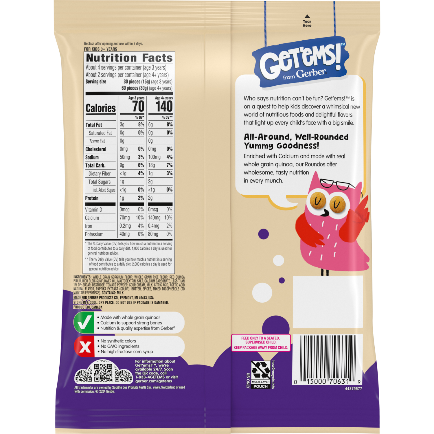 slide 2 of 8, Gerber Get'ems! from Gerber Pizza Roundos Puffs Snacks, Kids Snack Made with Whole Grain Quinoa, Calcium to Support Strong Bones, 2.25 oz
