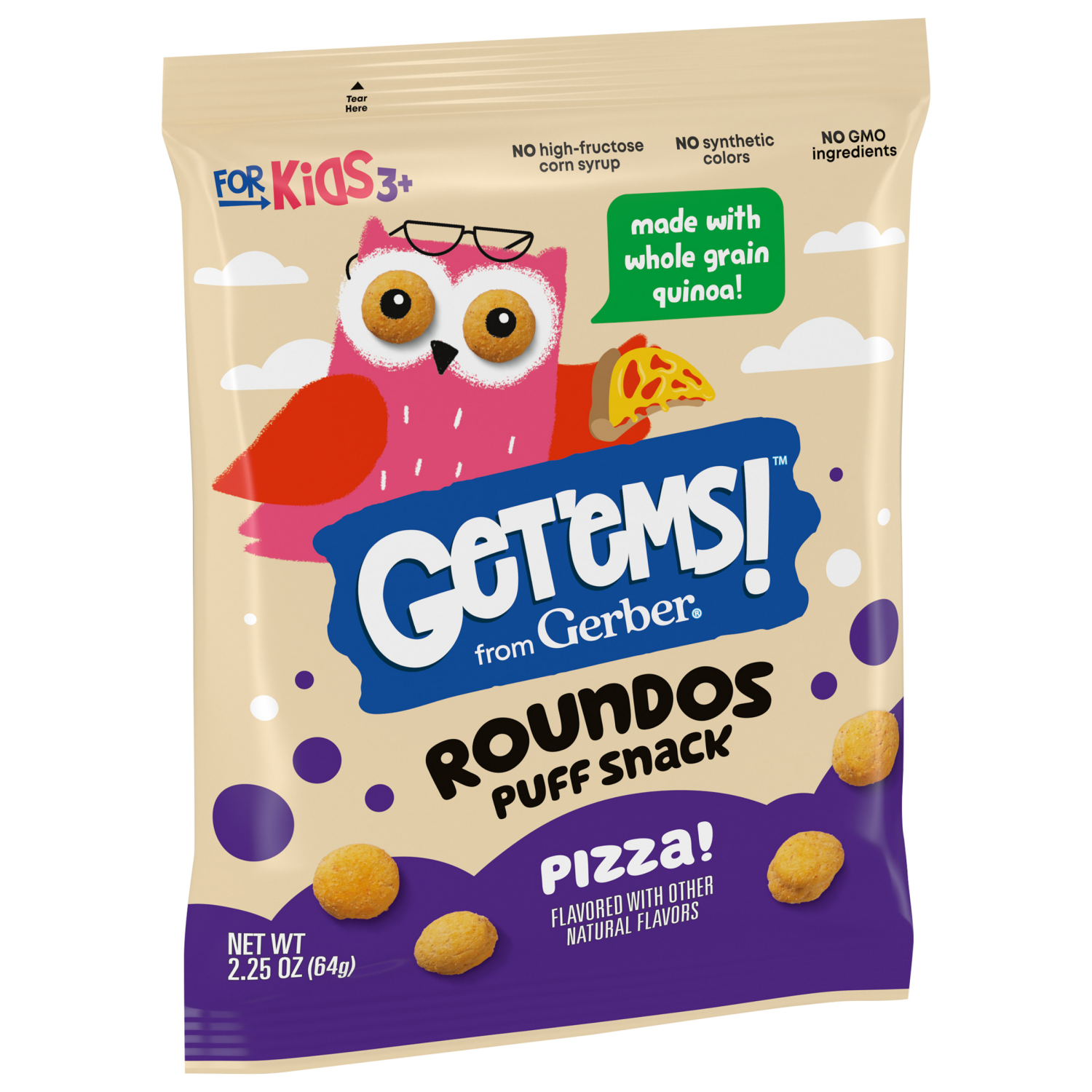 slide 6 of 8, Gerber Get'ems! from Gerber Pizza Roundos Puffs Snacks, Kids Snack Made with Whole Grain Quinoa, Calcium to Support Strong Bones, 2.25 oz