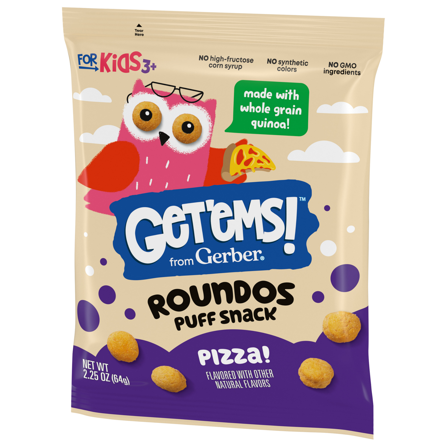 slide 7 of 8, Gerber Get'ems! from Gerber Pizza Roundos Puffs Snacks, Kids Snack Made with Whole Grain Quinoa, Calcium to Support Strong Bones, 2.25 oz