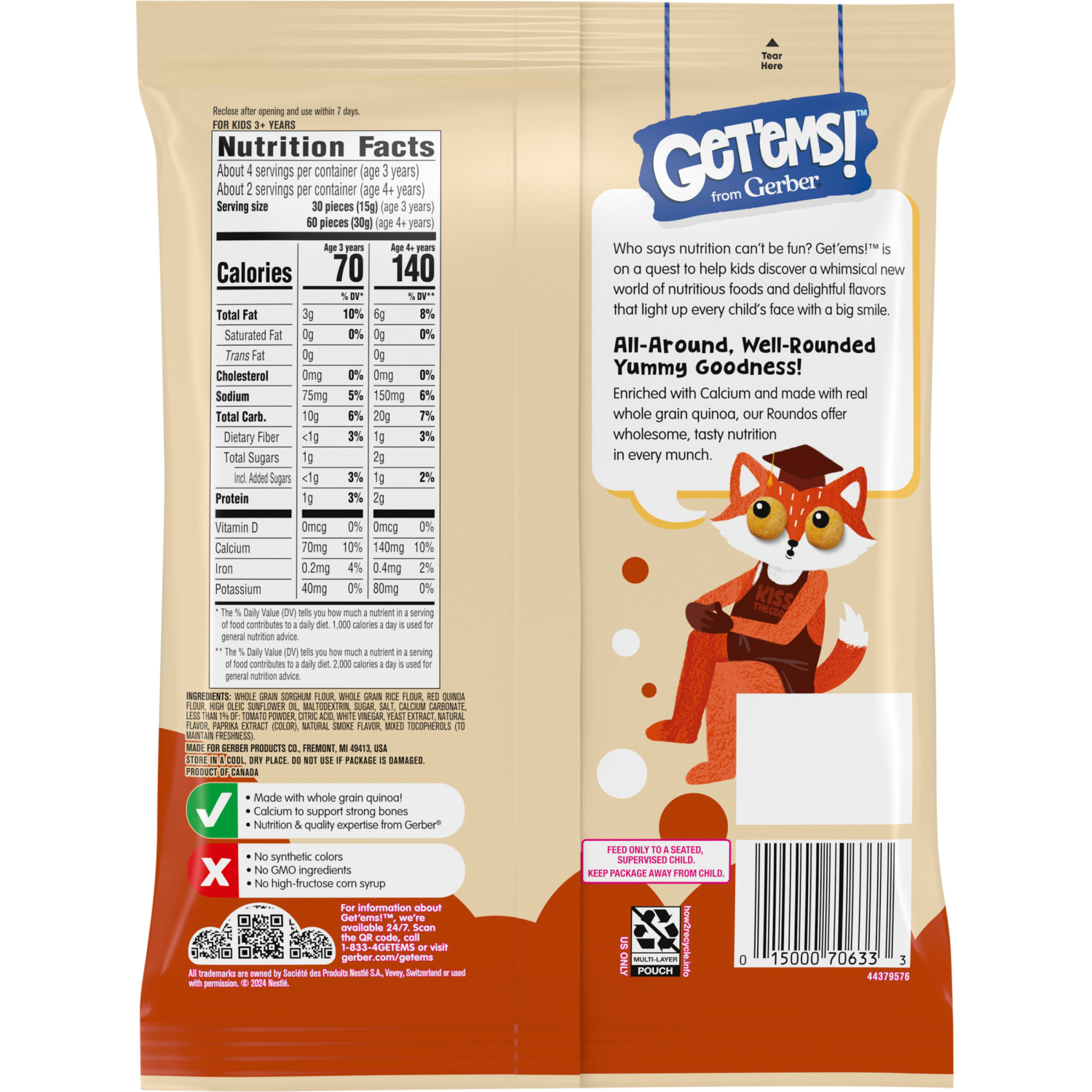 slide 2 of 8, Gerber Get'ems! from Gerber BBQ Roundos Puff Snack, Kids Snack Made with Whole Grain Quinoa, Calcium to Support Strong Bones, 2.25 oz