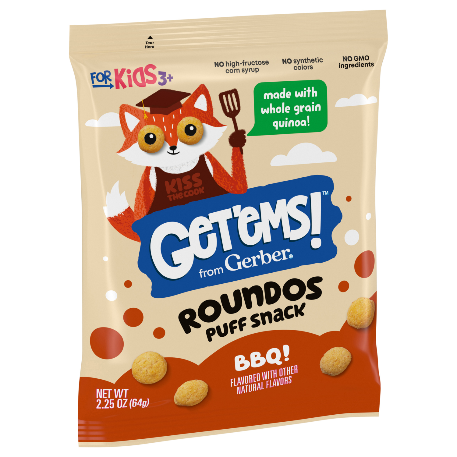 slide 6 of 8, Gerber Get'ems! from Gerber BBQ Roundos Puff Snack, Kids Snack Made with Whole Grain Quinoa, Calcium to Support Strong Bones, 2.25 oz