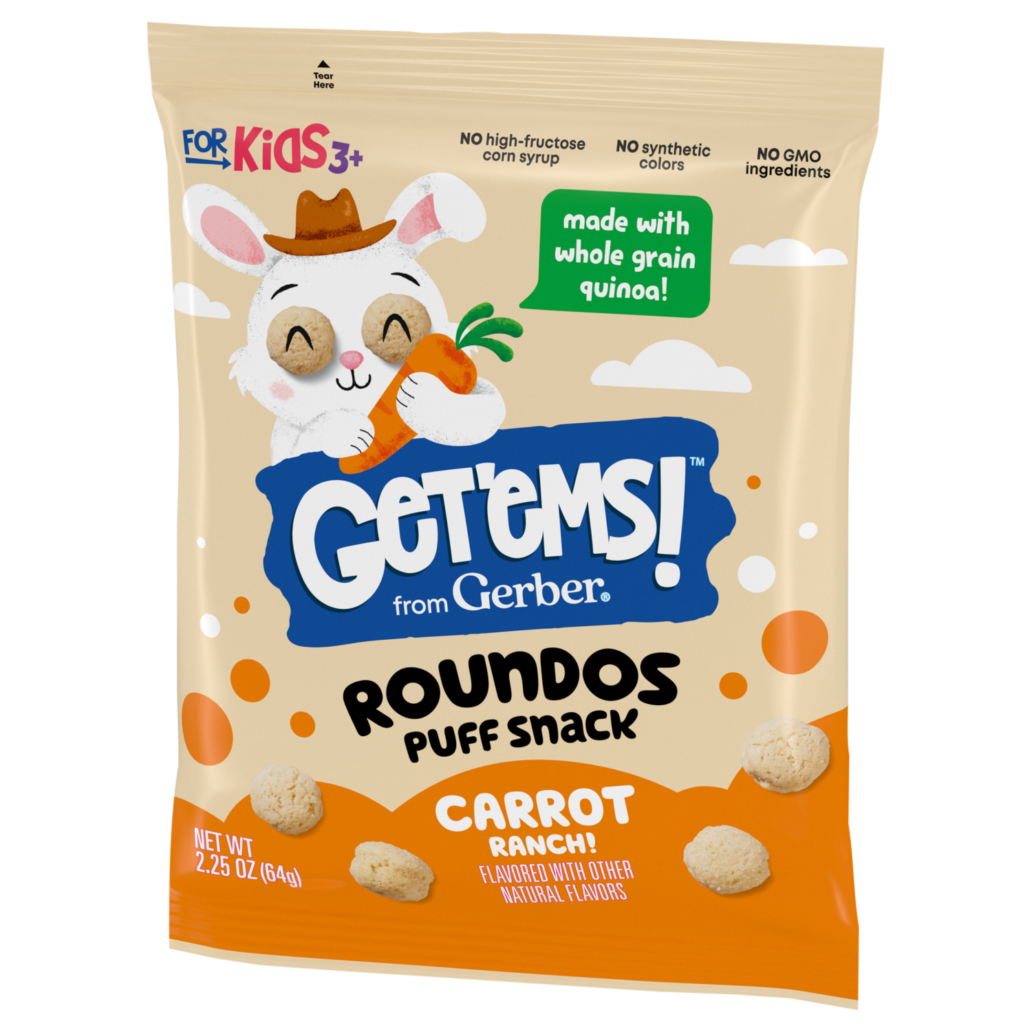 slide 1 of 8, Gerber Get'ems! from Gerber BBQ Roundos Puff Snack, Kids Snack Made with Whole Grain Quinoa, Calcium to Support Strong Bones, 2.25 oz