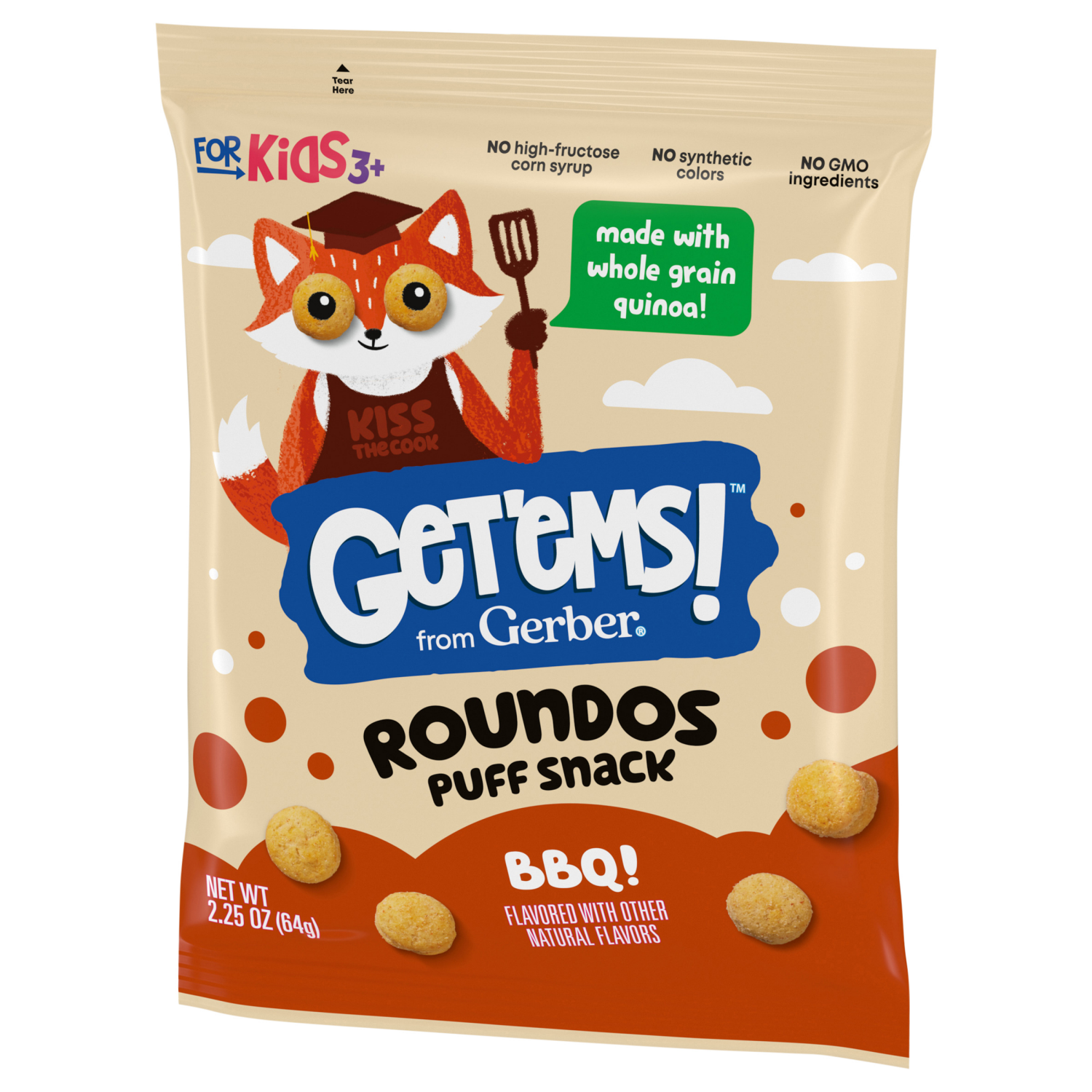 slide 7 of 8, Gerber Get'ems! from Gerber BBQ Roundos Puff Snack, Kids Snack Made with Whole Grain Quinoa, Calcium to Support Strong Bones, 2.25 oz