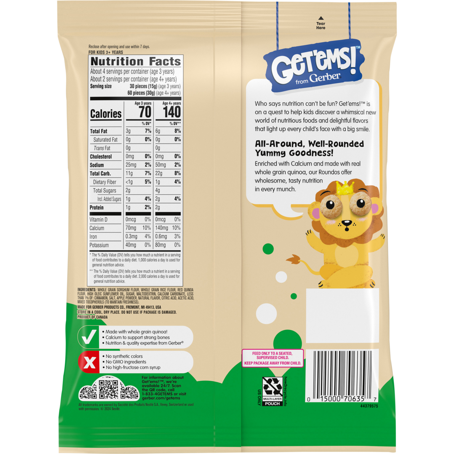 slide 2 of 8, Gerber Get'ems! from Gerber Apple Cinnamon Roundos Puffs Snacks, Kids Snack Made with Whole Grain Quinoa, Calcium to Support Strong Bones, 2.25 oz