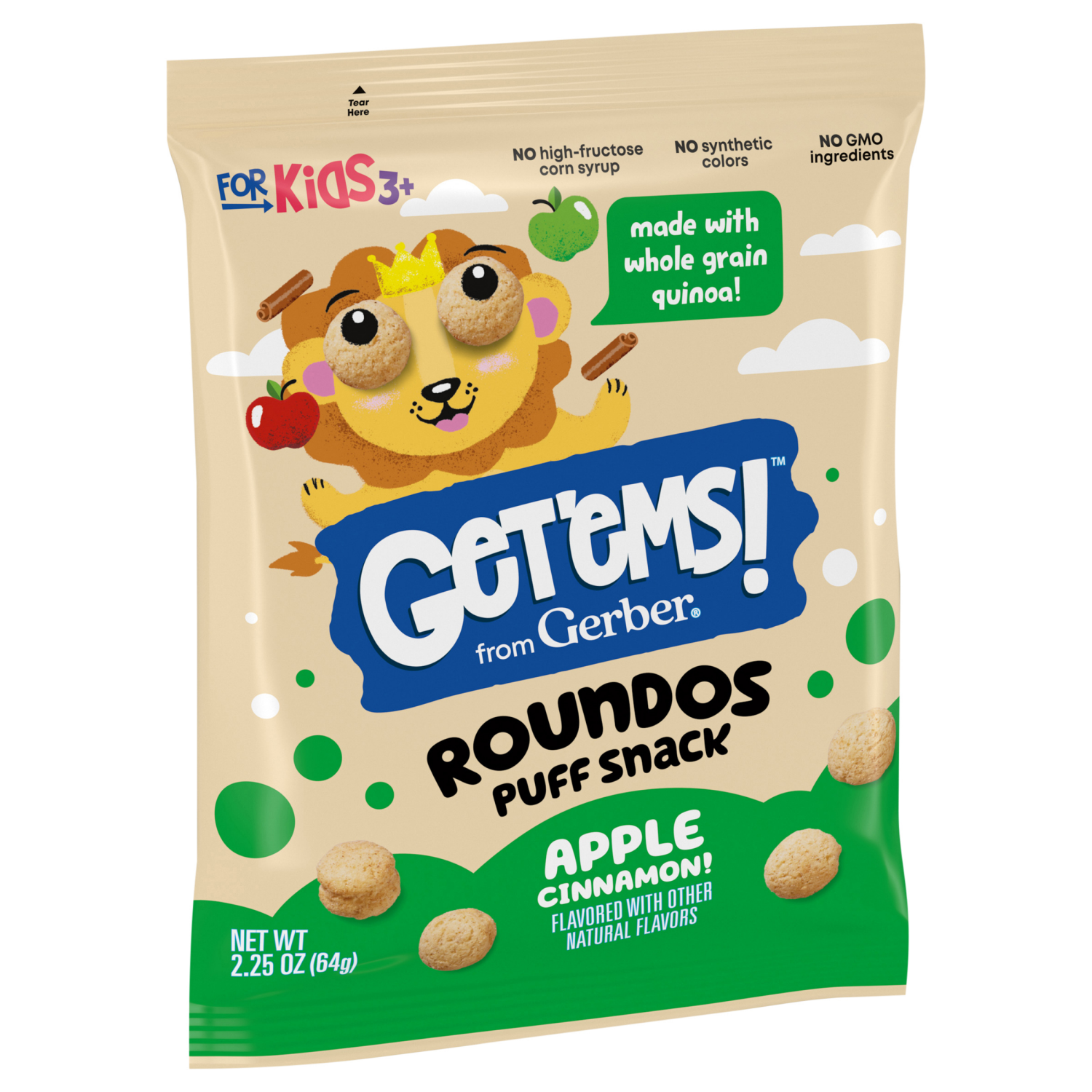 slide 6 of 8, Gerber Get'ems! from Gerber Apple Cinnamon Roundos Puffs Snacks, Kids Snack Made with Whole Grain Quinoa, Calcium to Support Strong Bones, 2.25 oz