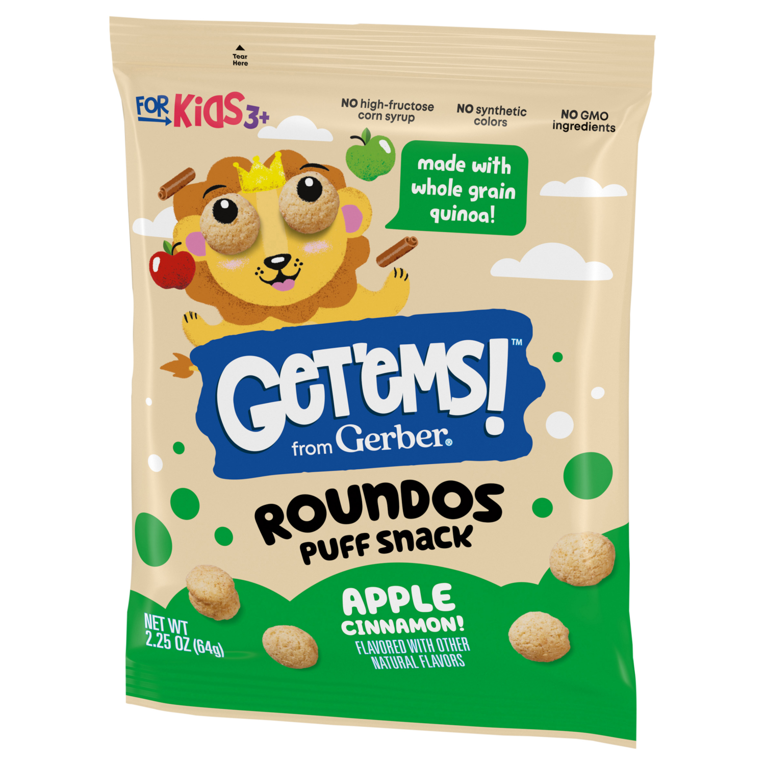 slide 7 of 8, Gerber Get'ems! from Gerber Apple Cinnamon Roundos Puffs Snacks, Kids Snack Made with Whole Grain Quinoa, Calcium to Support Strong Bones, 2.25 oz