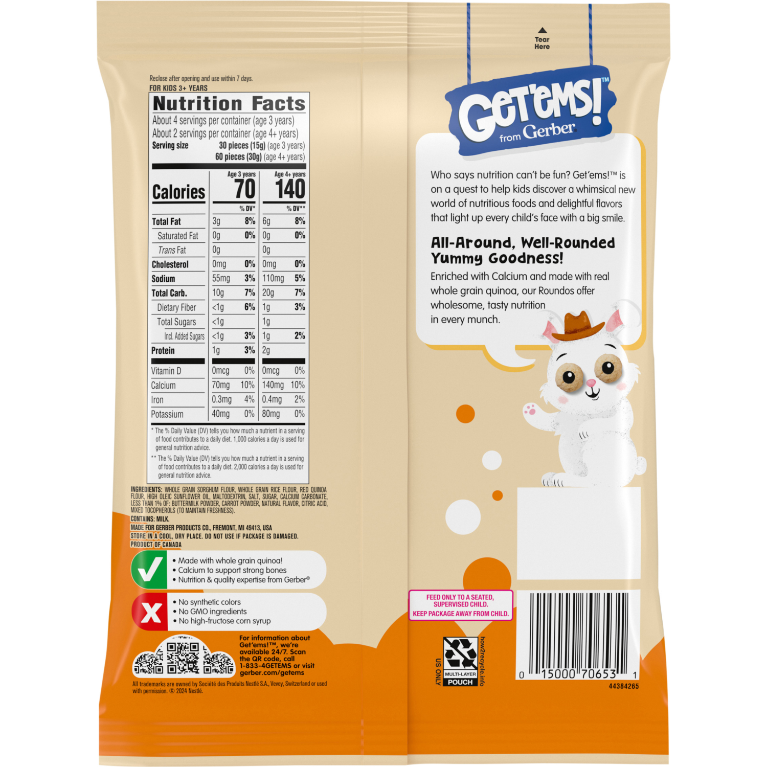 slide 2 of 8, Gerber Get'ems! from Gerber Carrot Ranch Roundos Puffs Snacks, Kids Snack Made with Whole Grain Quinoa, Calcium to Support Strong Bones, 2.25 oz