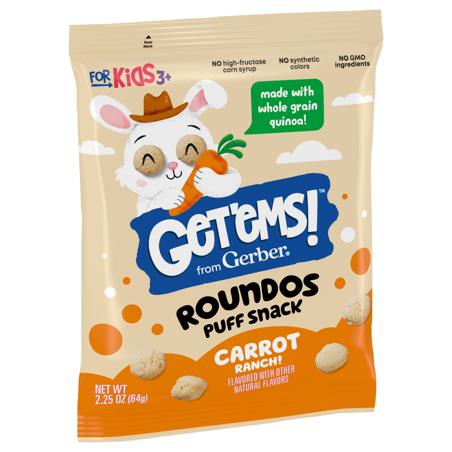 slide 6 of 8, Gerber Get'ems! from Gerber Carrot Ranch Roundos Puffs Snacks, Kids Snack Made with Whole Grain Quinoa, Calcium to Support Strong Bones, 2.25 oz