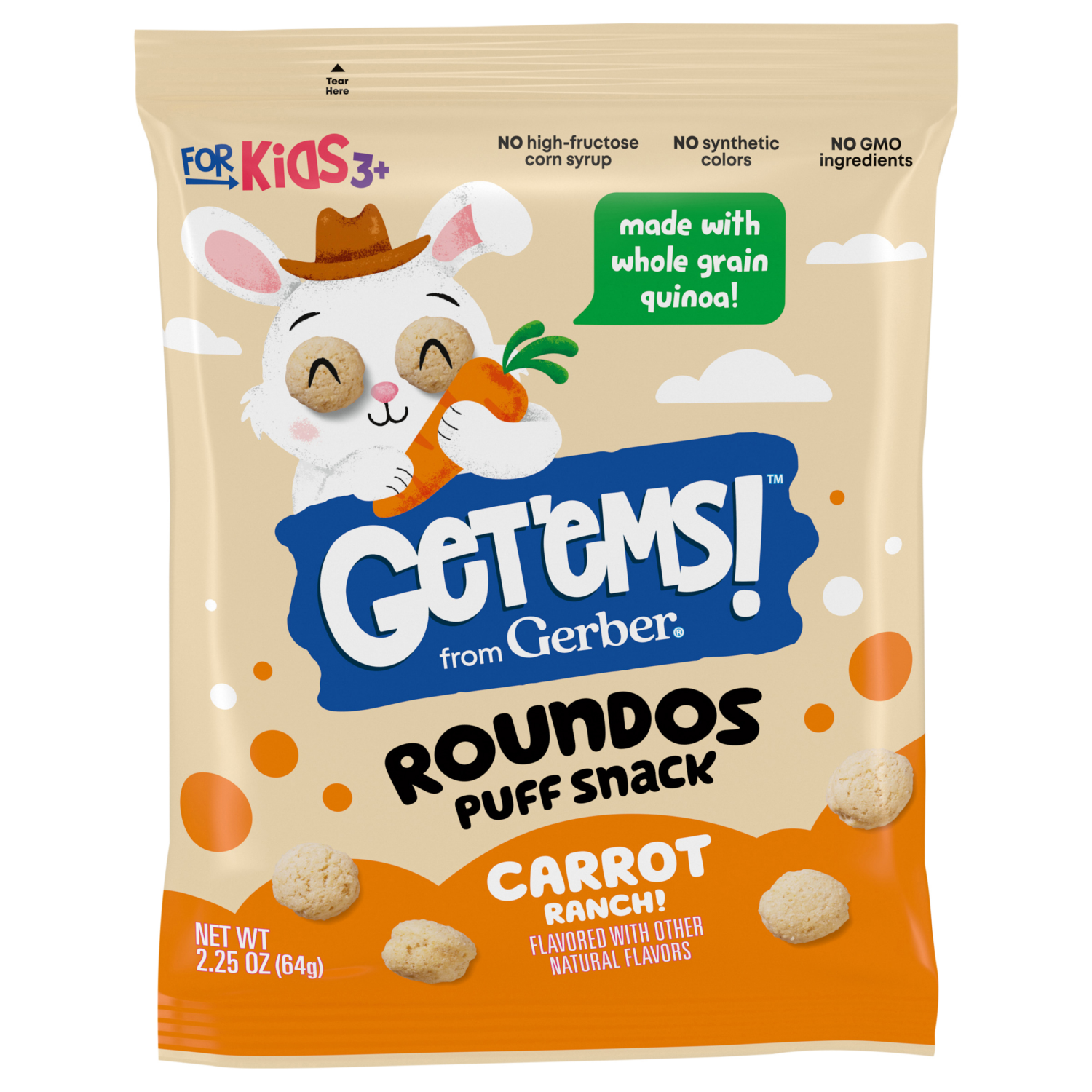 slide 1 of 8, Gerber Get'ems! from Gerber Carrot Ranch Roundos Puffs Snacks, Kids Snack Made with Whole Grain Quinoa, Calcium to Support Strong Bones, 2.25 oz