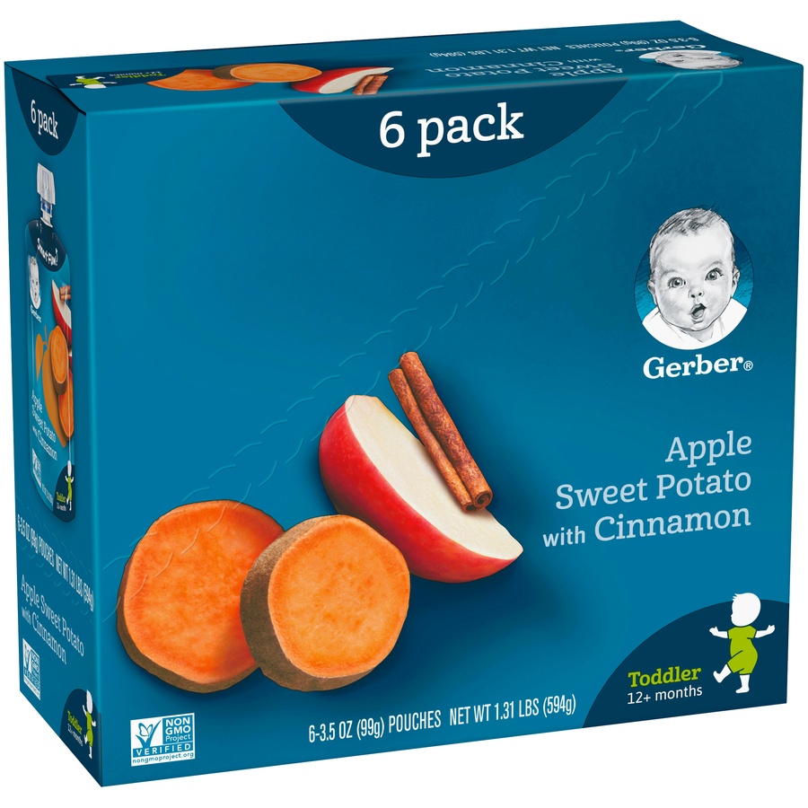slide 2 of 8, Gerber Toddler Pouches Gerber Toddler Apple Sweet Potato With Cinnamon 6 - 3.5 Oz. Pouches, 1.31 lb