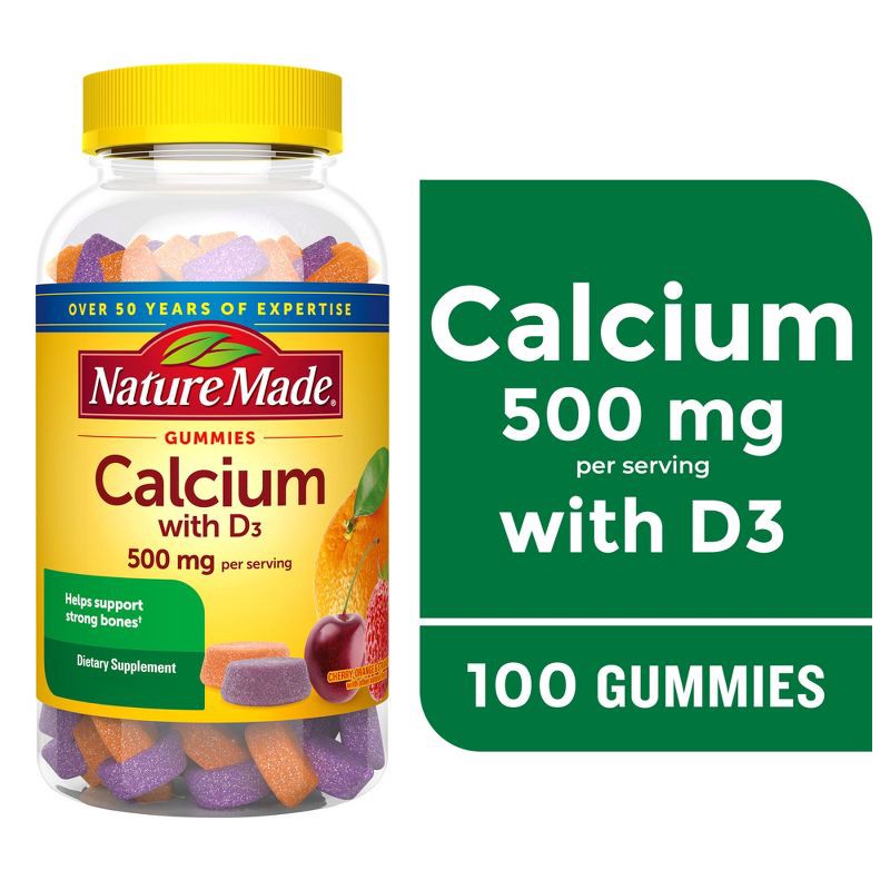 slide 9 of 10, Nature Made Calcium 500mg with Vitamin D3 for Bone Support Gummies - Fruit - 100ct, 100 ct; 500 mg