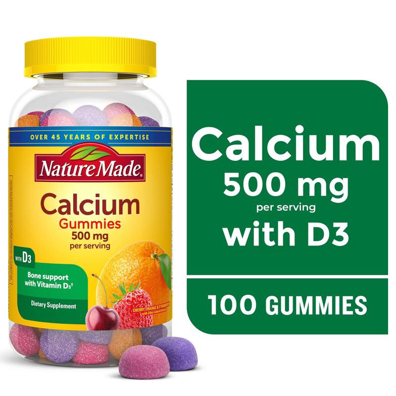 slide 10 of 10, Nature Made Calcium 500mg with Vitamin D3 for Bone Support Gummies - Fruit - 100ct, 100 ct; 500 mg