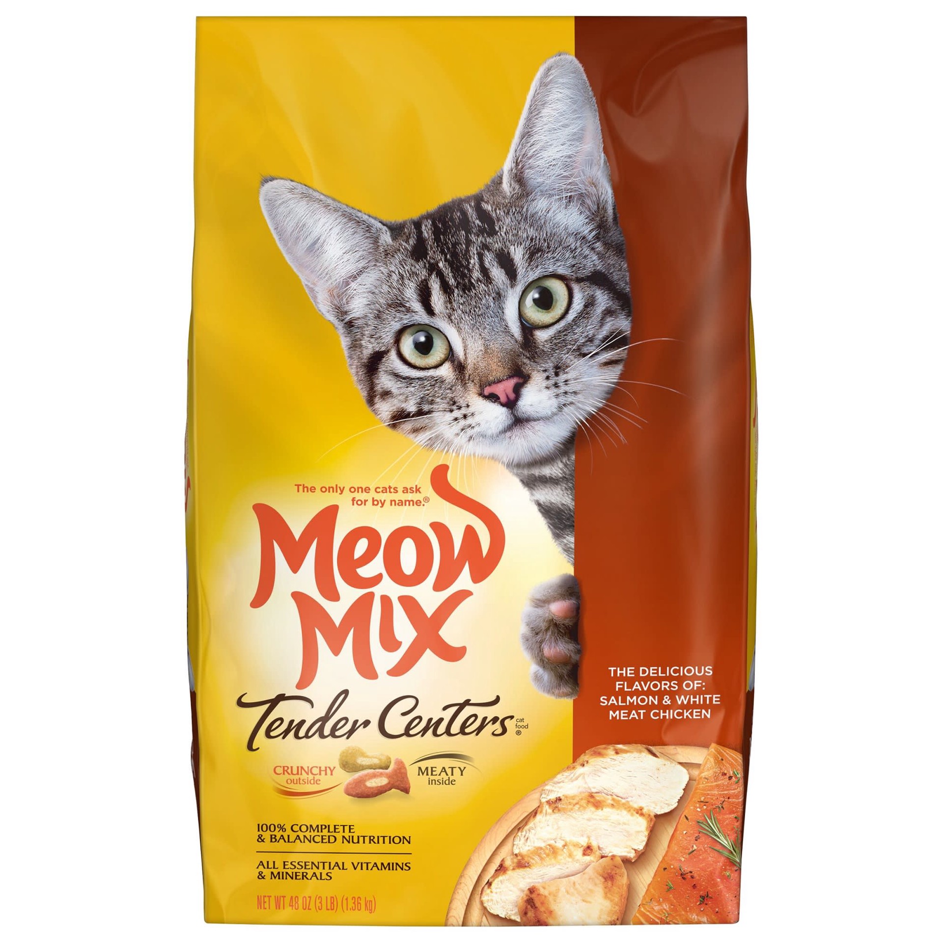 slide 1 of 9, Meow Mix Tender Centers Dry Cat Food, Salmon & White Meat Chicken Flavors, 3 Pound Bag, 3 lb