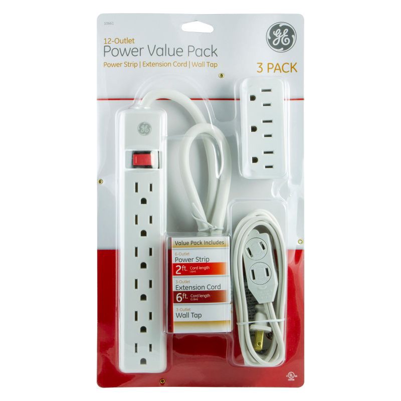 slide 6 of 7, General Electric GE 6' Power Pack Outlet Strip/3 Outlet Extension Cord Wall Adapter, 1 ct
