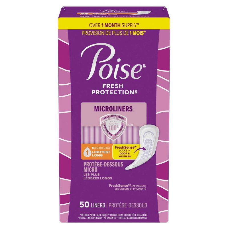 slide 2 of 8, Poise Daily Incontinence Microliners - Lightest Absorbency - 1 Drop - Long - 50ct, 50 ct