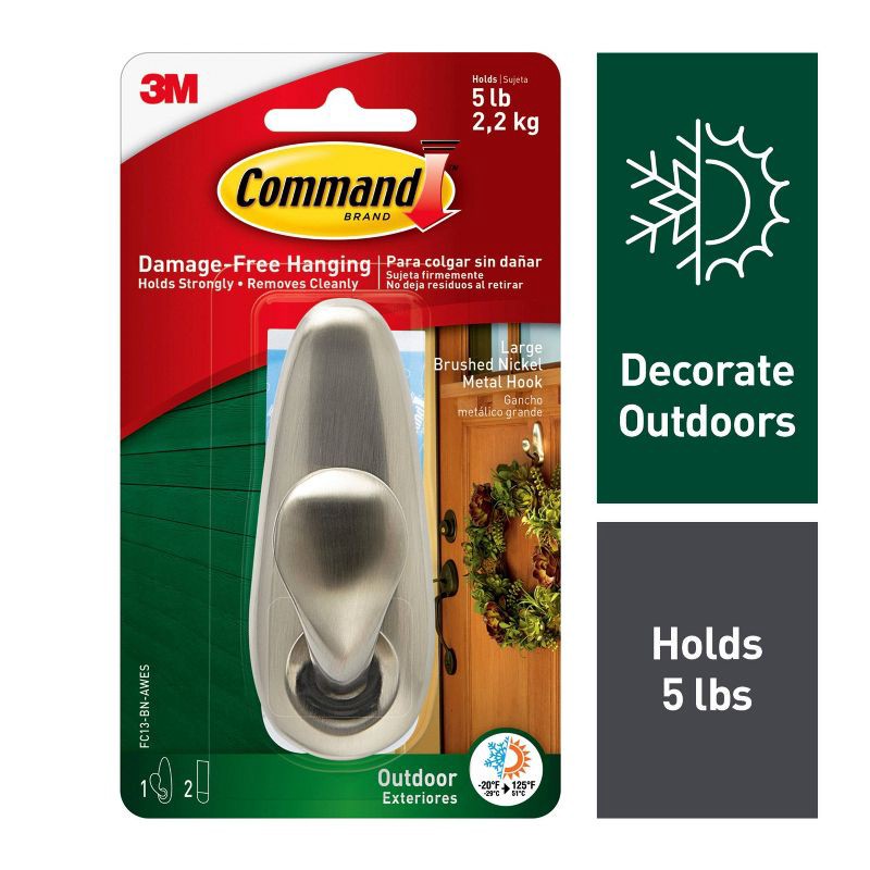 slide 2 of 12, Command Large Sized Outdoor Classic Decorative Metal Hook with Foam Strips Nickel, 1 ct