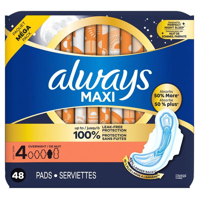 slide 3 of 11, Always Maxi Overnight Pads - Size 4 - 48ct, 4 x 48 ct