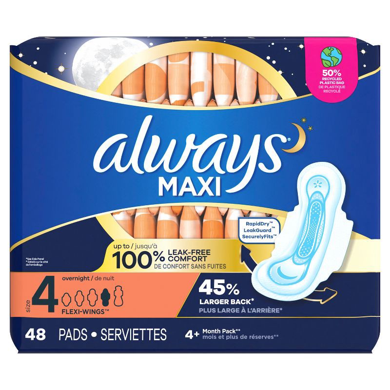 slide 9 of 9, Always Maxi Overnight Pads - Size 4 - 48ct, 48 ct