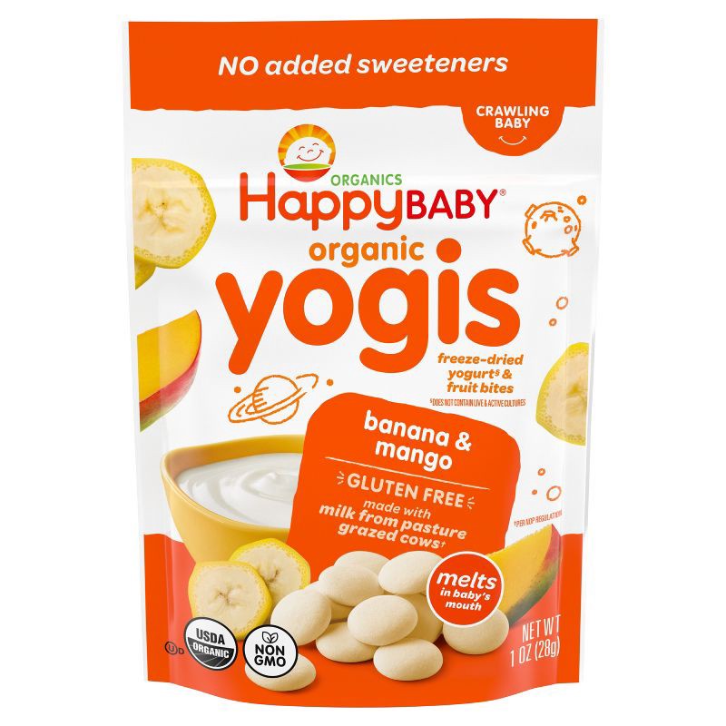 slide 1 of 11, Happy Baby Organic Yogis Freeze-Dried Yogurt & Fruit Baby Snacks - Banana & Mango - 1oz: Age 9 Months+, 3rd Stage, 1 oz