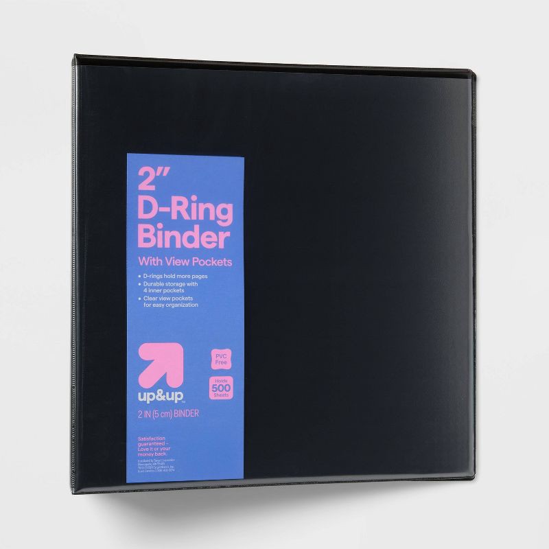 slide 1 of 3, 2" 3 Ring Binder Clear View Black - up&up™: 500 Sheet Capacity, D Rings, Internal Pockets, Polypropylene, 1 ct