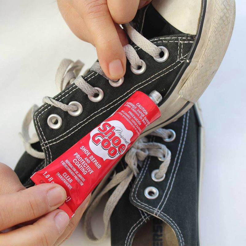 slide 3 of 3, Eclectic 1oz Shoe Goo Glue: Water-Resistant Adhesive for Shoes, Dries Clear, Black, Liquid Glue, 1 oz