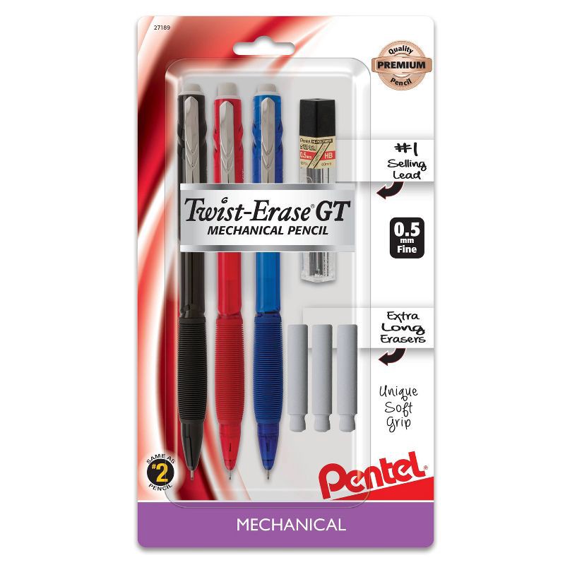 slide 1 of 3, Pentel #2 Mechanical Pencils with Lead And Eraser, 0.5mm, 3ct - Multicolor, 3 ct