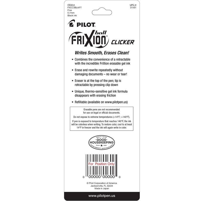 slide 2 of 3, Pilot 3ct FriXion Clicker Erasable Gel Pens Fine Point 0.7mm Black Ink: Retractable, Stationery, Office, Eraser Included, 3 ct